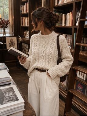 Ralph Lauren Ivory Aran Cable Knit Mock Neck Oversized Classic Preppy Sweater XL